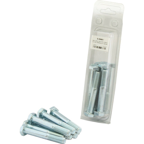 A package of Metric Bolt, M12x80mm (DIN 931) 8 pcs. Agripak by Sparex (Part No. S.59961) is displayed with six bolts placed in front of it. The clear plastic packaging reveals additional bolts inside.