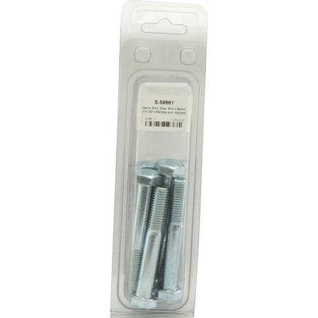 A package of eight zinc plated Metric Bolts, M12x80mm (DIN 931), enclosed in a clear plastic Agripak blister pack with a white label, branded as Sparex Part No. S.59961.