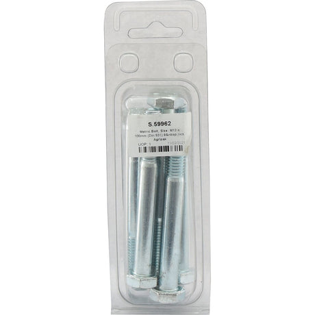 A clear plastic package containing a set of eight zinc-plated M12x100mm metric bolts, labeled with product specifications and barcode, from the brand Sparex, listed as Sparex Part No. S.59962 under the name Metric Bolt, M12x100mm (DIN 931) 8 pcs. Agripak.