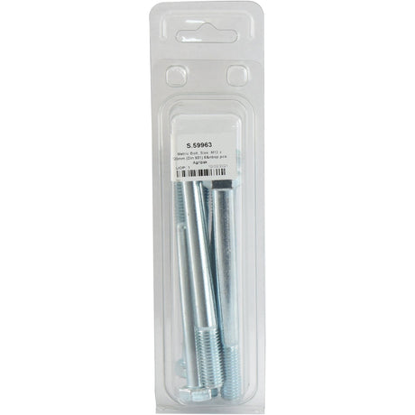 A clear plastic package containing zinc plated steel bolts with a white label displaying product specifications and bolt type; specifically, Sparex Metric Bolt, M12x120mm (DIN 931), 6 pcs., Agripak (Part No. S.59963).