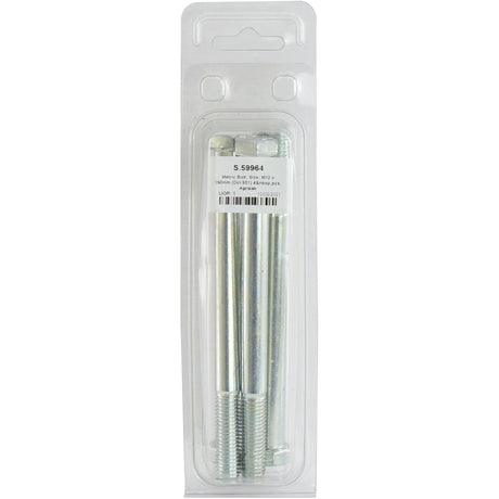 A clear plastic package containing four M12x150mm zinc-plated bolts with visible threaded ends is labeled with product code "S.59964," along with metric coarse dimensions and quantity of bolts. The package identifies the product as Metric Bolt, M12x150mm (DIN 931) 4 pcs. Agripak, by Sparex.