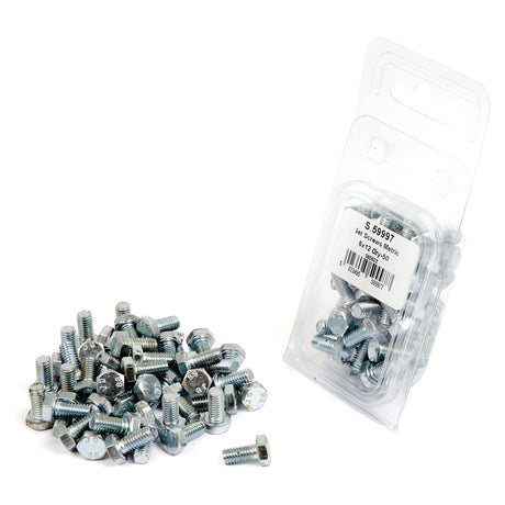 A pile of silver hex bolts next to a transparent plastic package containing similar bolts, labeled with the part number and specifications, including "Metric Setscrew, M6x12mm (DIN 933), Tensile strength: 8.8" and "Sparex Part No.S.59997.