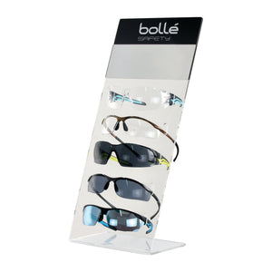 Clear acrylic 5 Piece Display Stand - S.162437 by Sparex, featuring the Bollé Safety logo and showcasing four pairs of safety glasses, each with unique frame and lens styles.