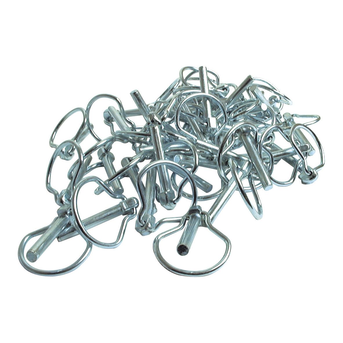 A pile of Pear Linch Pins, Pin Ø10.5mm x 44.5mm | Sparex Part No.S.5 with attached retaining clips on a white background.