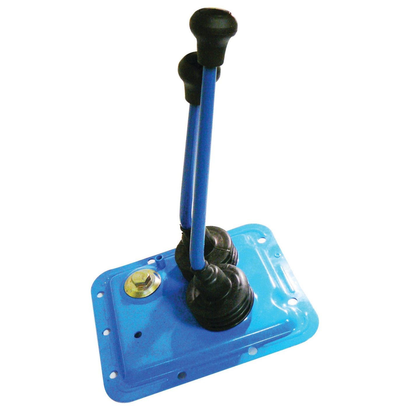 Image of the Top Cover Assembly (Sparex Part No. S.60009), featuring two blue control levers on a blue base plate with bolts, each lever equipped with a black handle. This sturdy setup is ideal for Ford New Holland machinery, ensuring precision and reliability. Available components are Sparex certified to guarantee top-quality performance.