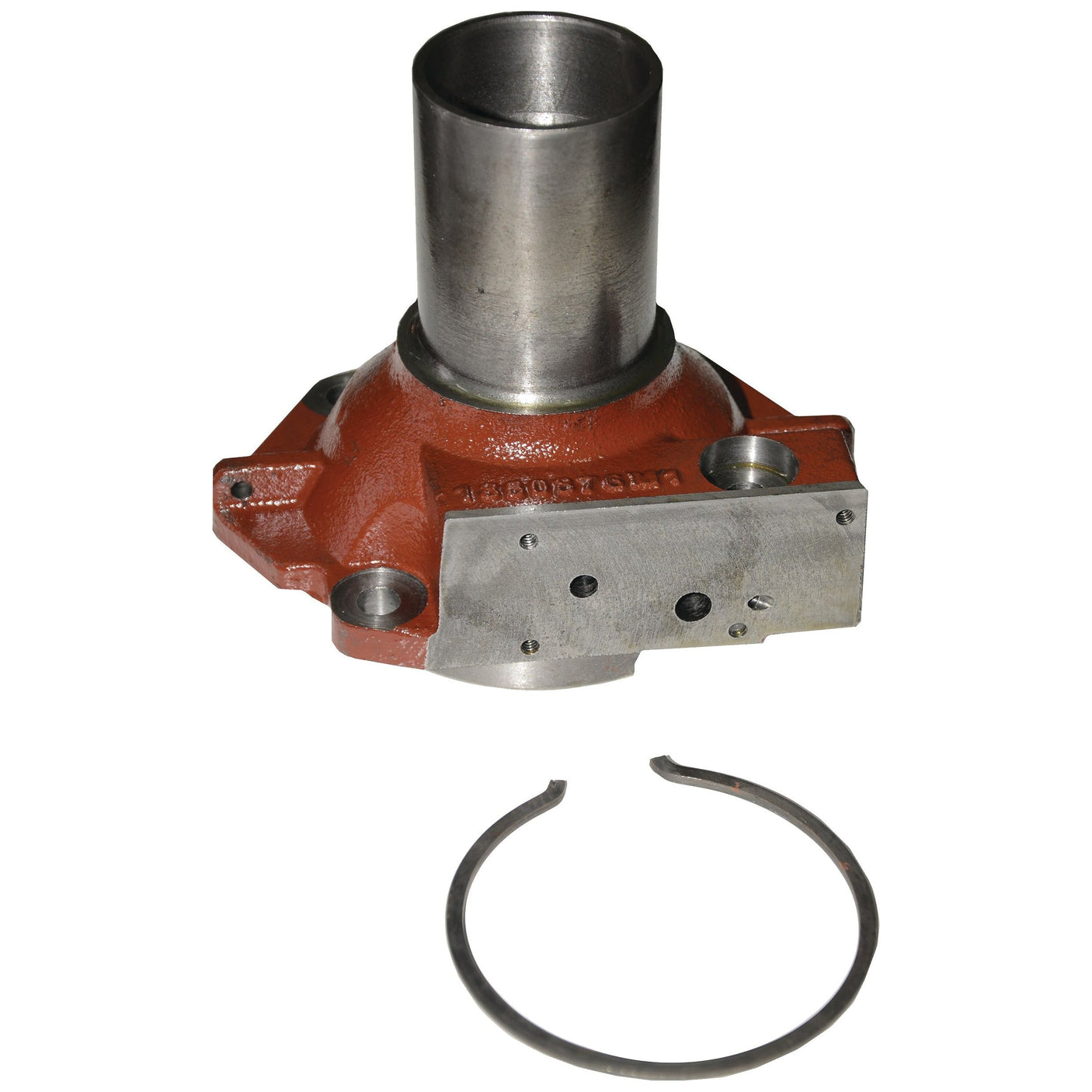 A metal mechanical part with a cylindrical component on a red base and an adjacent circular retaining ring, resembling the Gearbox Input Housing (Sparex Part No. S.60019) used in Massey Ferguson tractors.