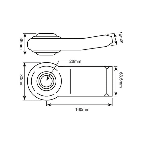 Technical drawing of the Sparex Lower Link Weld On Ball End (Cat. 2) LH | Sparex Part No.S.60024 with measurements: 160mm length, 63.5mm width, 35mm height, 28mm inner circle diameter, and 16mm lever height. Ideal for integration with Massey Ferguson equipment or Landini machinery for enhanced compatibility.
