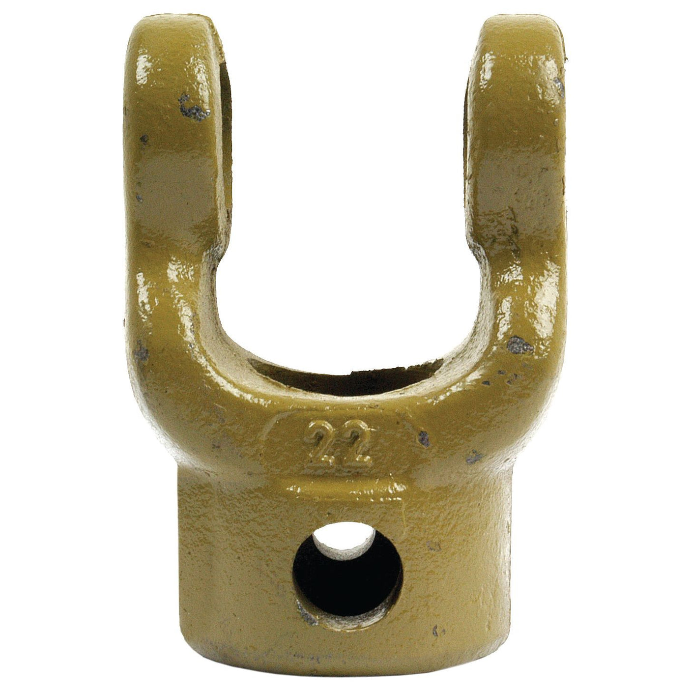 A Sparex PTO Implement Yoke, featuring a 22 x 54.8mm U-joint size, a greenish-yellow finish, and a central circular opening with a Vicon 30mm bore yoke, commonly used in Vicon PTO Series applications. Suitable for use as Sparex Part No. S.6003.