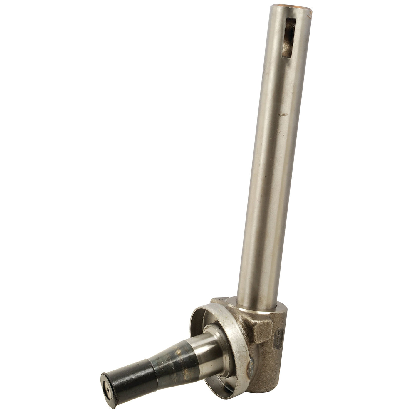 A Sparex Spindle LH (Sparex Part No.S.60109) features a heavy-duty metal mechanical component with a cylindrical shaft and an angled lever, ideal for industrial machinery.