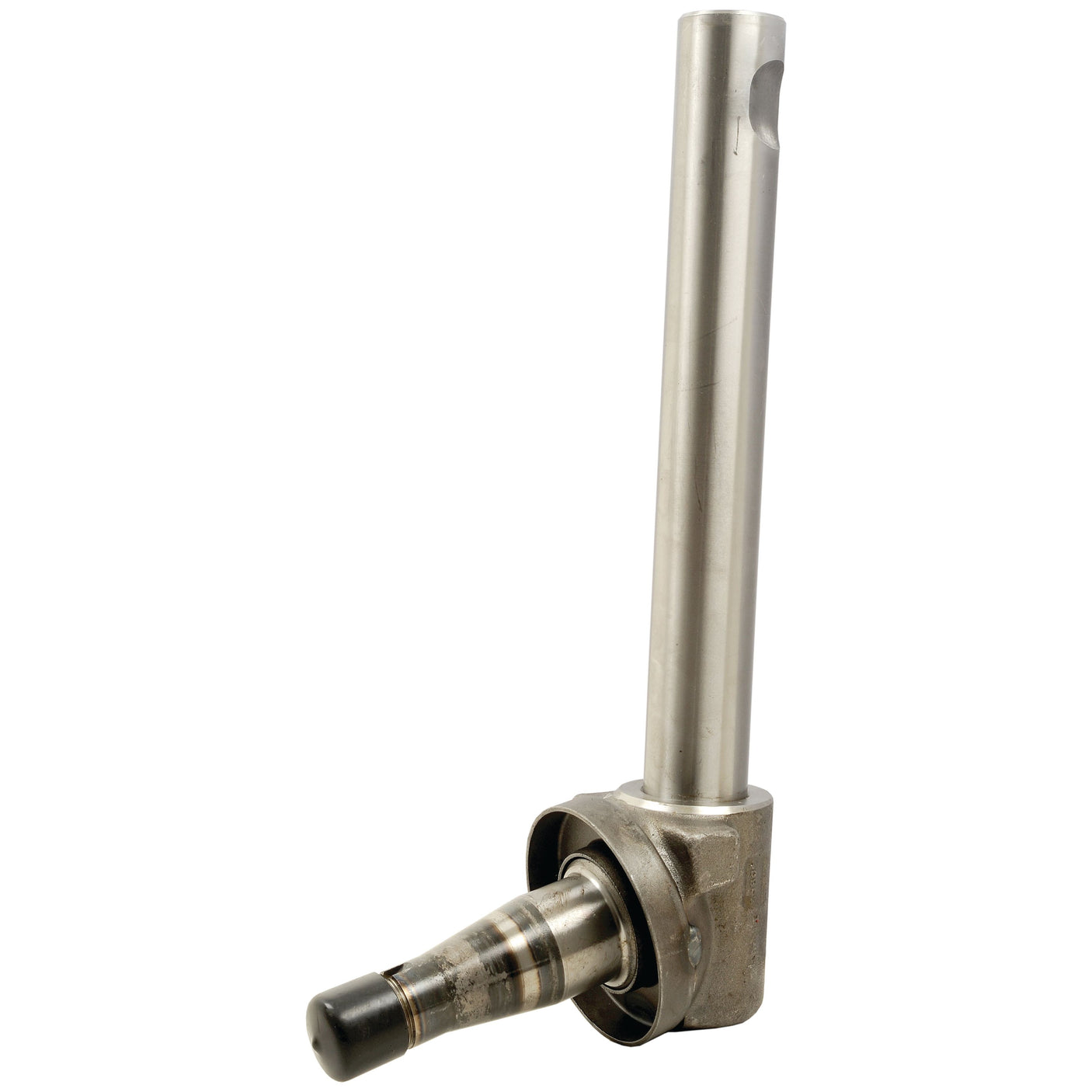 The Sparex Spindle RH (Part No. S.60110) features a steel spindle with a cylindrical shaft and tapered end, including a threaded section and a grease fitting at the base. It is ideal for use in Massey Ferguson or Landini machinery.