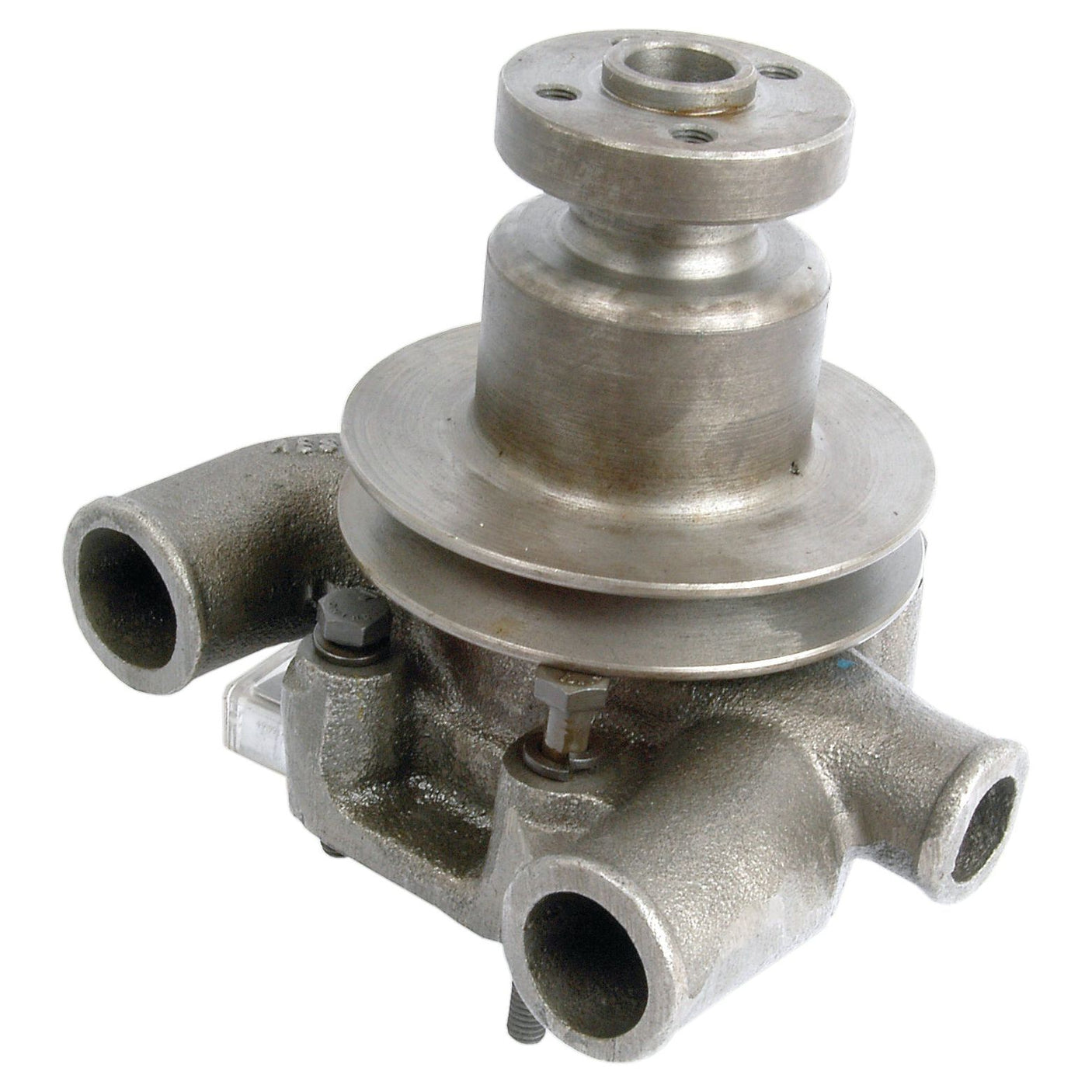 A metallic industrial component featuring cylindrical and pipe-like structures, multiple protruding openings, a central wheel-like part, and an integrated Sparex Impeller is described as the Water Pump Assembly (Supplied with Pulley) - S.60146 by the brand Sparex.