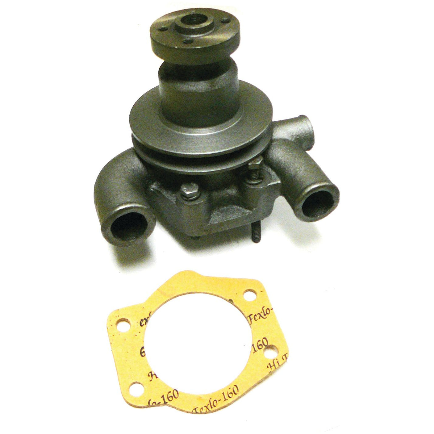 The Water Pump Assembly (Supplied with Pulley) - S.60146 from Sparex includes a gasket and features a precision-engineered Sparex impeller, two hose openings, and a central mount designed for the V-Style Pulley. The gasket is expertly shaped to fit the pump's base perfectly.