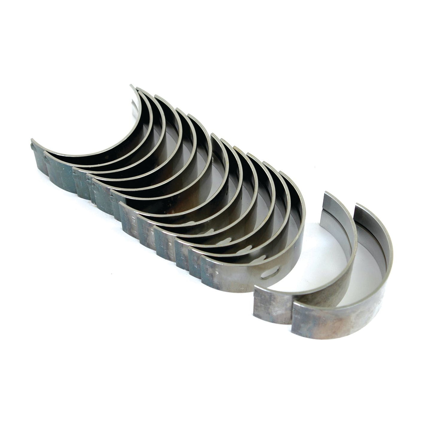 Image of Sparex Main Bearing Std. (Set), part no. S.60335, a set of metal semicircular bearing shells arranged in a cascading formation, typically used in Massey Ferguson automotive engines.