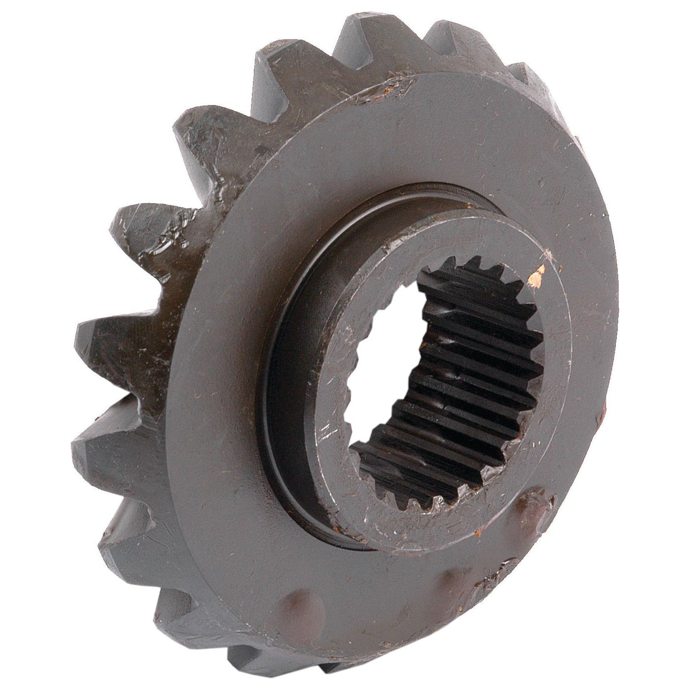 An image of the Pinion Gear (Sparex Part No. S.60413) reveals a metallic gear pinion with 14 teeth and a hollow center. The gear exhibits a worn surface and features a central spline for fitting a shaft, making it an ideal Sparex component for John Deere machinery.