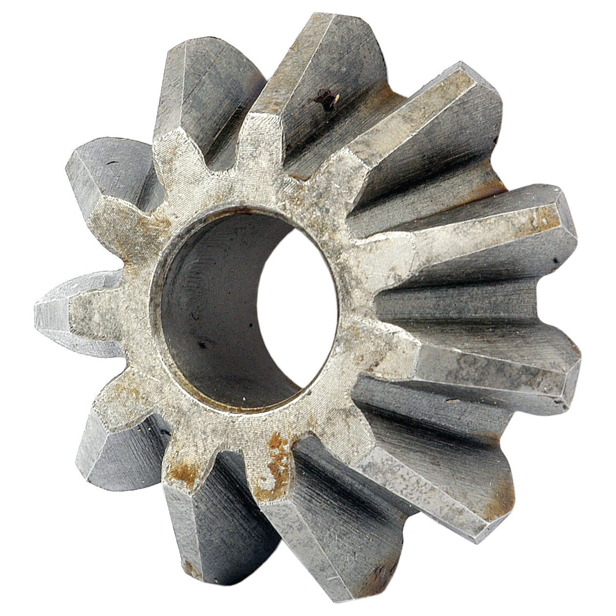 Close-up of a Pinion Gear | Sparex Part No.S.60415 with evenly spaced teeth and a central circular hole. This Sparex gear, possibly from a John Deere machine, shows signs of wear and slight rust.