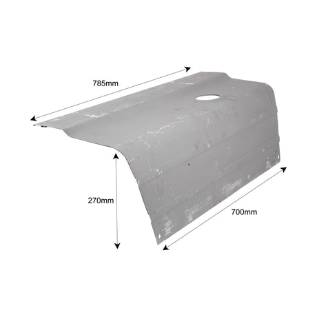 The Bonnet - LH (Sparex Part No. S.60428), a white rectangular metal sheet from Sparex, features a hole near one end and measures 785mm in width, 700mm in length, and 270mm in height.