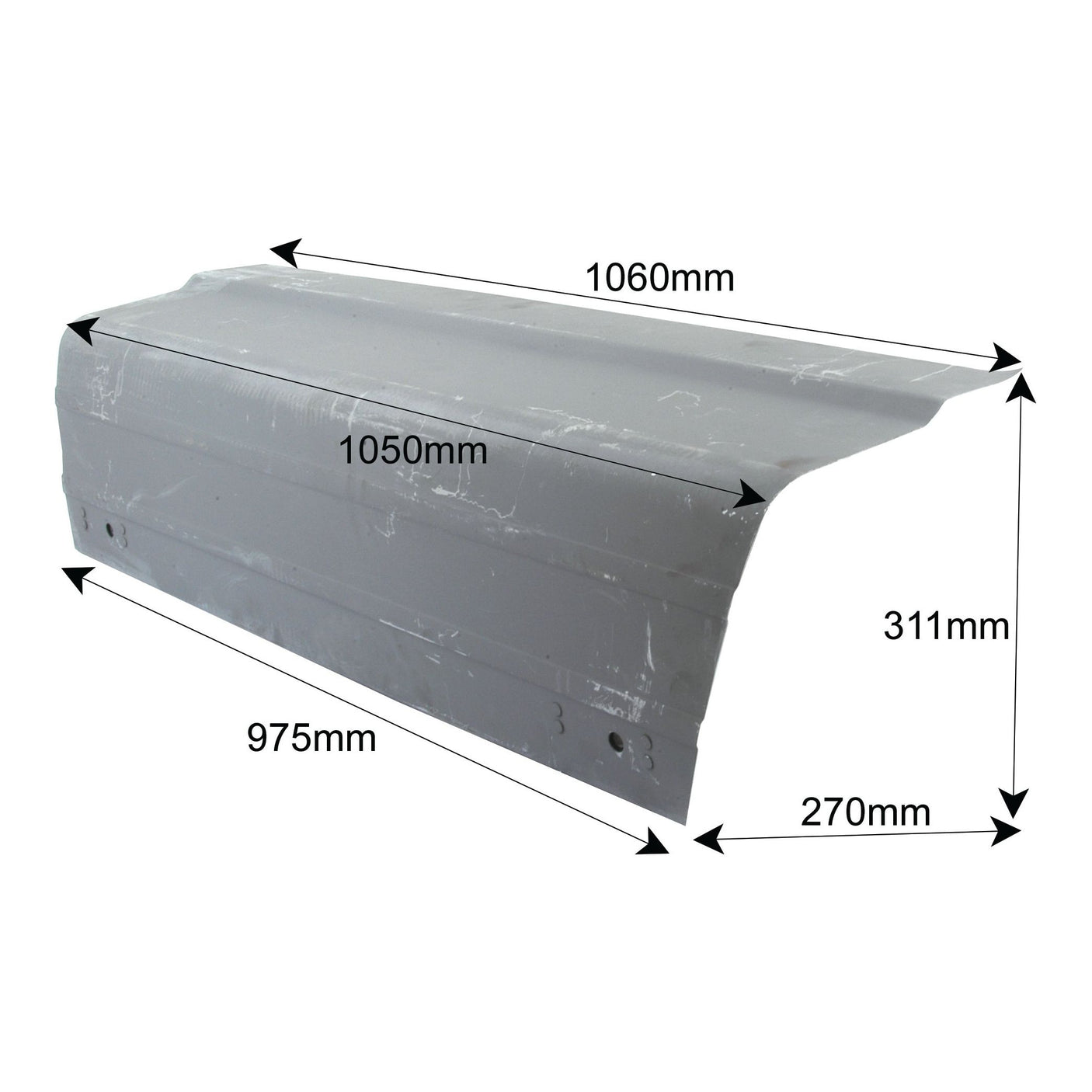 A metal sheet with five measurements annotated: 1060mm, 1050mm, 311mm, 975mm, and 270mm. The sheet appears to be bent or curved and resembles the Sparex Bonnet - RH (Sparex Part No. S.60430) for Ford New Holland.