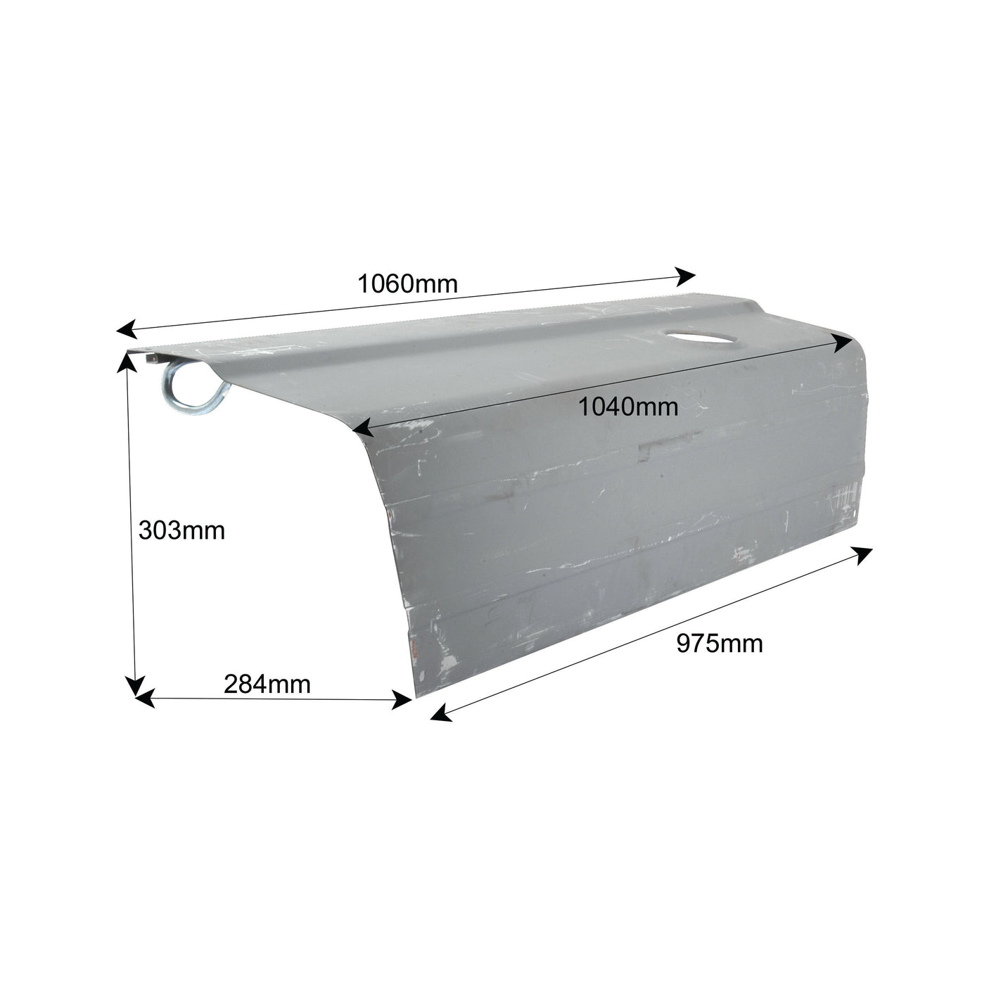 Image of a metallic component with labeled dimensions: 1060mm (width), 303mm (height), 284mm (depth), 1040mm (upper length), and 975mm (lower length). The Bonnet - LH, Sparex Part No. S.60431, offers precise fitting for Ford/New Holland models.