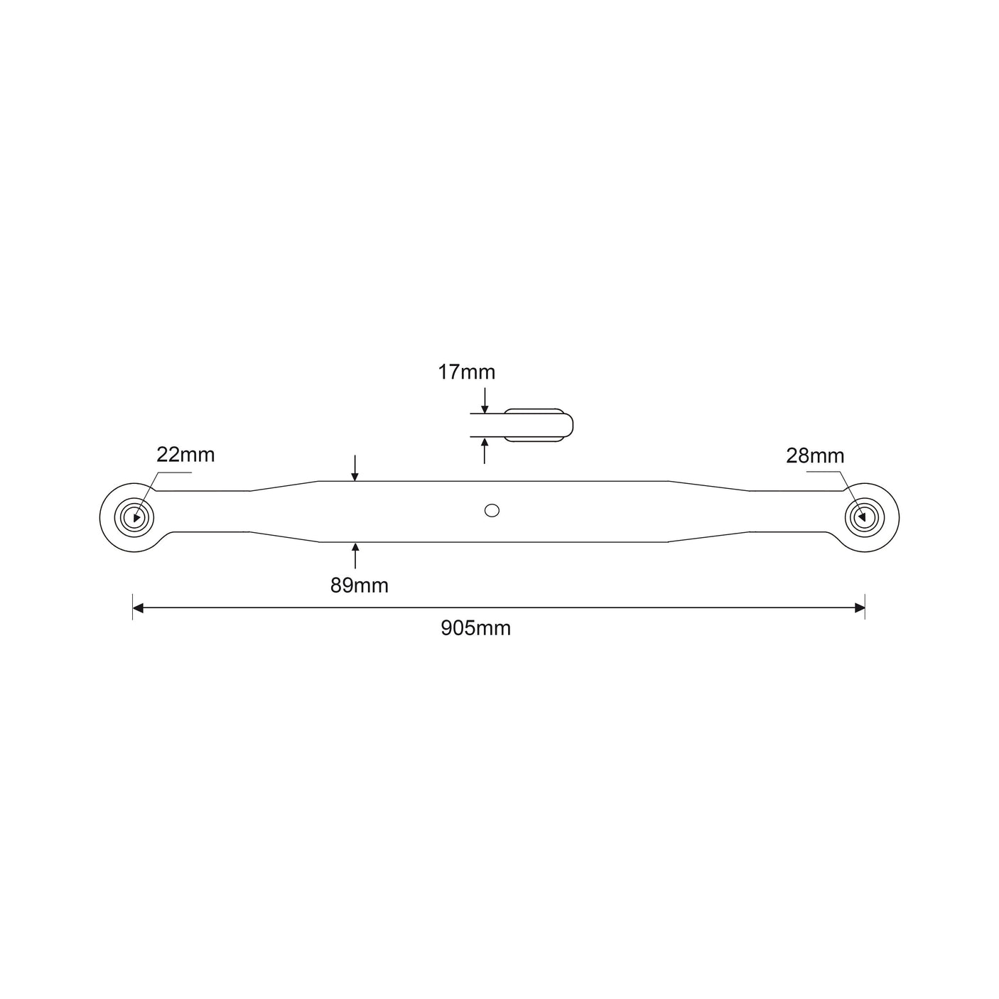 Line drawing of a mechanical part with two circular ends and end fittings. The dimensions are 905mm in length, 89mm between inner holes, and various end widths of 22mm, 17mm, and 28mm. Suitable for Ford/New Holland models and available from Sparex as the Lower Link Lift Arm - Ball Ø 22mm - Ball Ø 28mm - RH (Sparex Part No. S.60432).