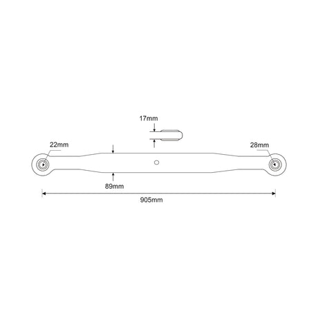 Line drawing of a mechanical part with two circular ends and end fittings. The dimensions are 905mm in length, 89mm between inner holes, and various end widths of 22mm, 17mm, and 28mm. Suitable for Ford/New Holland models and available from Sparex as the Lower Link Lift Arm - Ball Ø 22mm - Ball Ø 28mm - RH (Sparex Part No. S.60432).