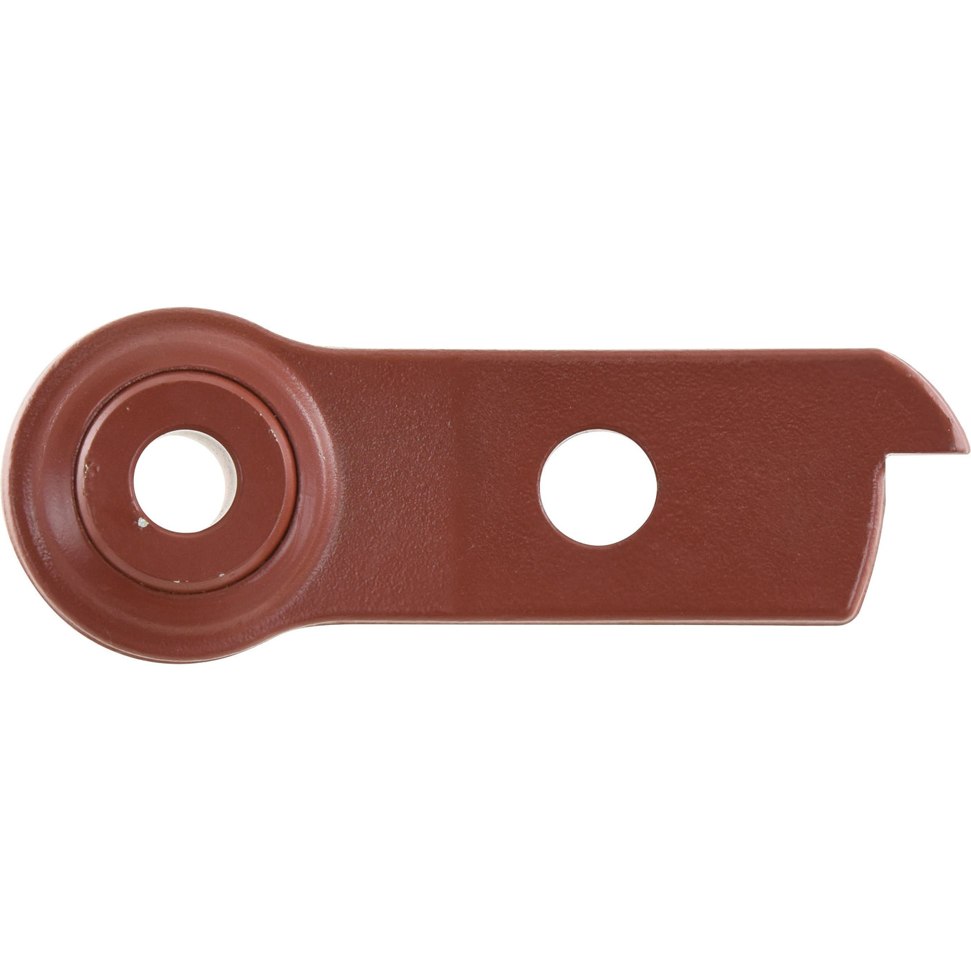 A flat, brown metal component known as the "Lower Link Weld On Ball End (Cat. 1) LH" by Sparex (Sparex Part No.S.60447), features a circular hole on one end, a smaller circular hole in the middle, and a notched tip on the other end; it is treated with Red Oxide for enhanced durability.