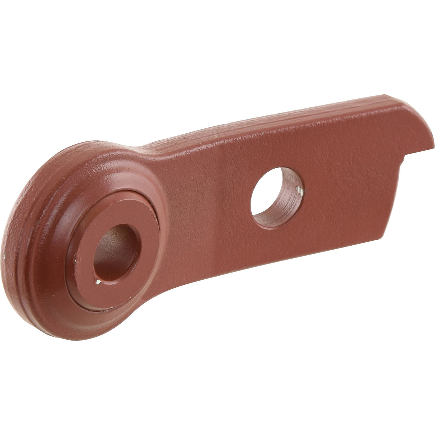 The Sparex Lower Link Weld On Ball End (Cat. 1) LH | Part No. S.60447 is a red-brown metal component that likely has a Red Oxide treatment. It features two circular holes of different sizes, a rounded end on one side, and a notched cut on the other side.