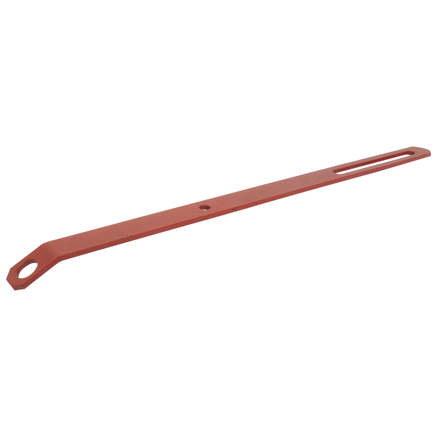 A 720mm elongated, flat, red metal Stay Bar from Sparex, featuring a hexagonal hole at one end and a long slot at the other (Sparex Part No. S.60455).