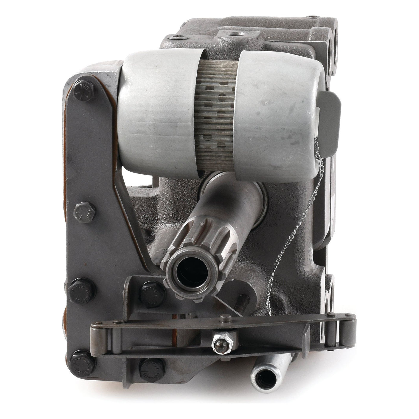 Front view of a Sparex Hydraulic Pump (Part No. S.60461) featuring a cylindrical filter, metallic casing with bolts, and a protruding pipe; perfect for Massey Ferguson tractors needing a dependable hydraulic pump.