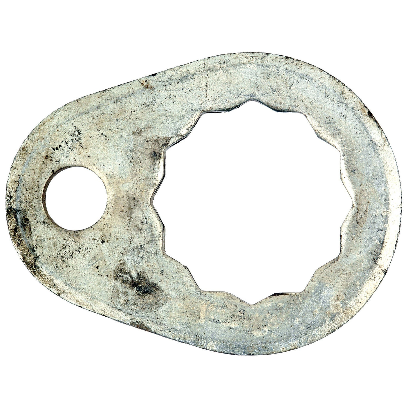 The Sparex Pivot Pin Washer, Part No. S.60465, features a small, round hole on one side and an irregularly shaped larger hole on the other side, making it suitable for Ford New Holland machinery.