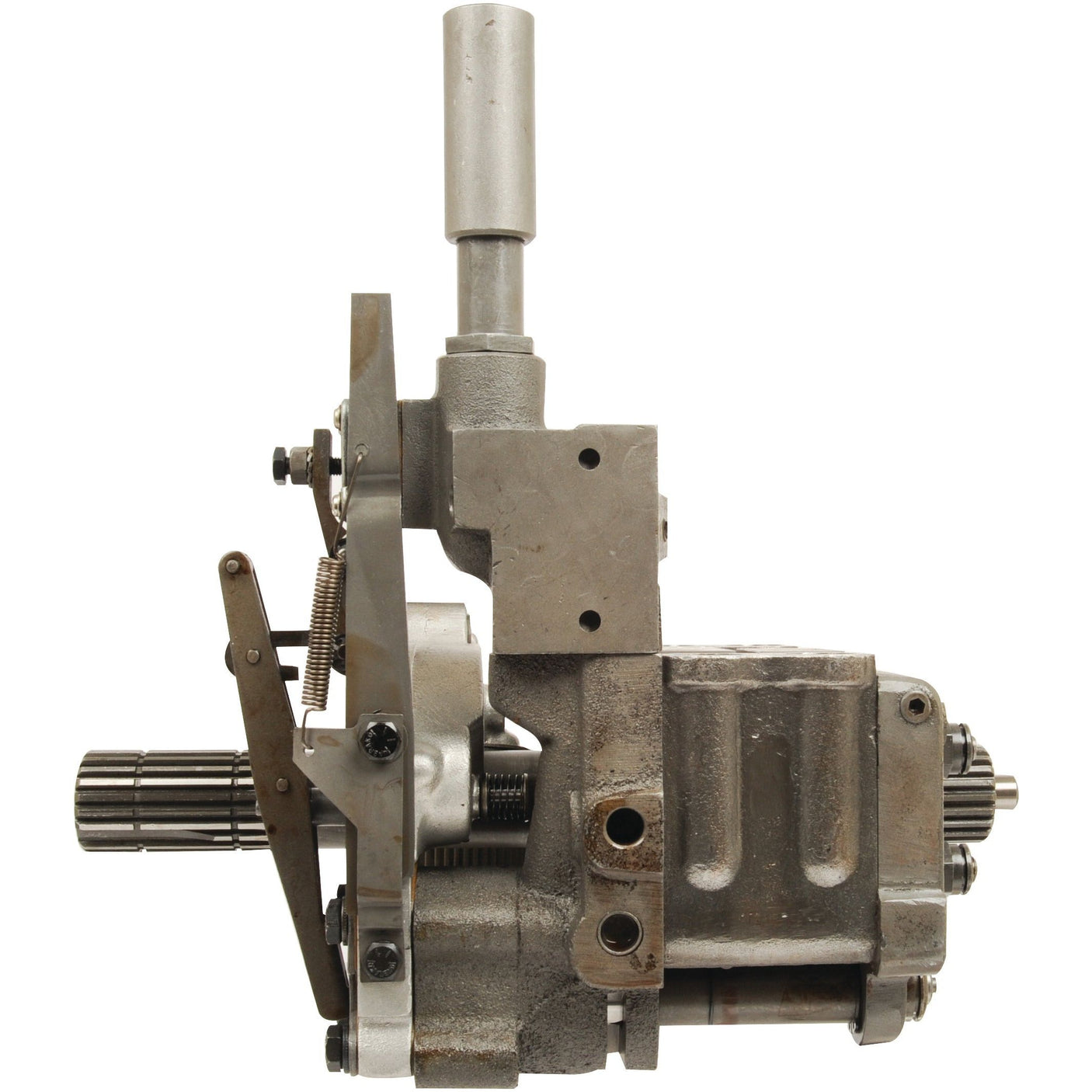 A side view of the Sparex Hydraulic Pump (Sparex Part No. S.60468) reveals a metal mechanical component with a cylindrical rod extending upwards, integral to its function.