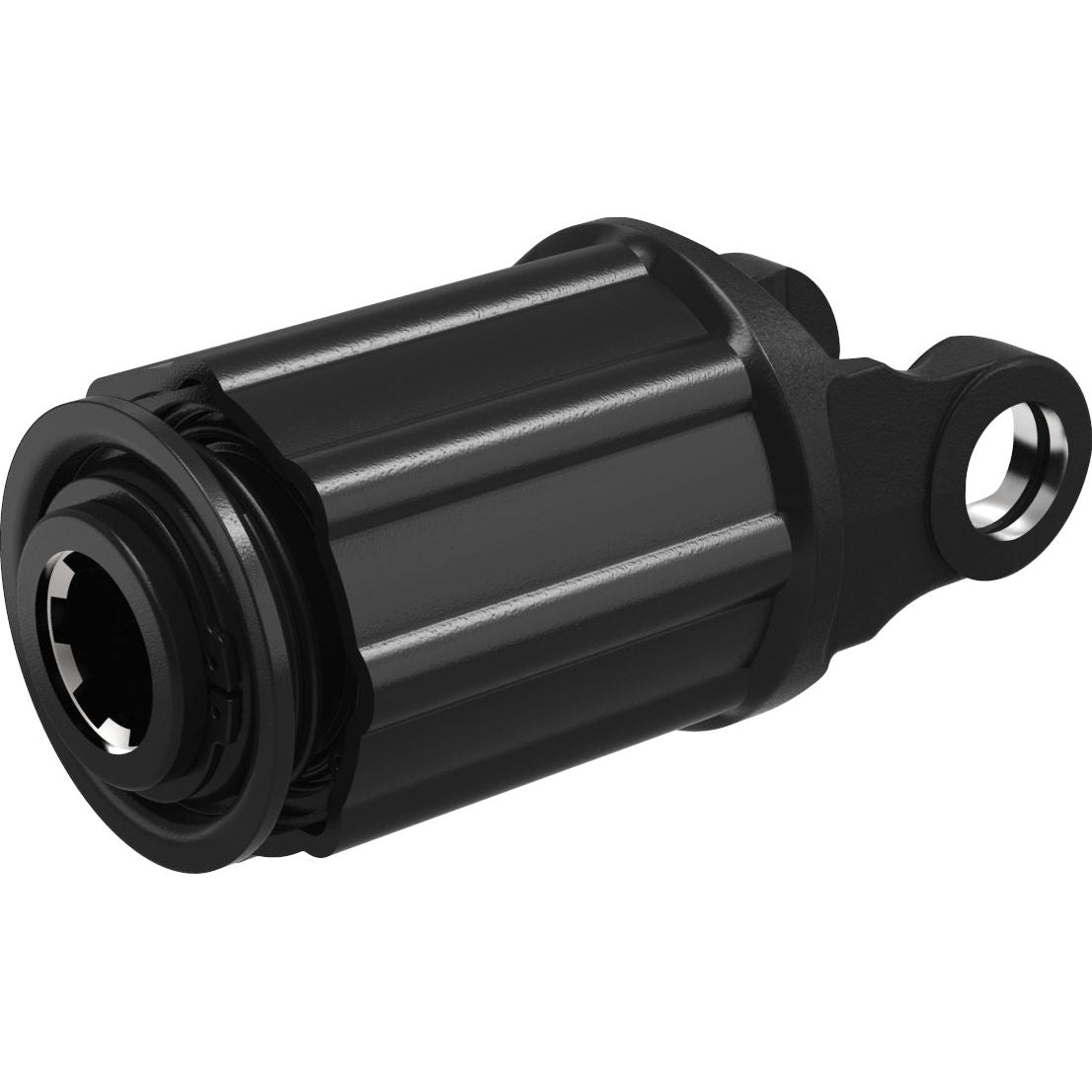 A black, cylindrical mechanical component with a grooved exterior and attachments on both ends, likely the Sparex PTO Ratchet Clutch - 3 Row (U/J Size: 27 x 74.5mm), Size: 1 3/8"-6 Spline - S.6046.