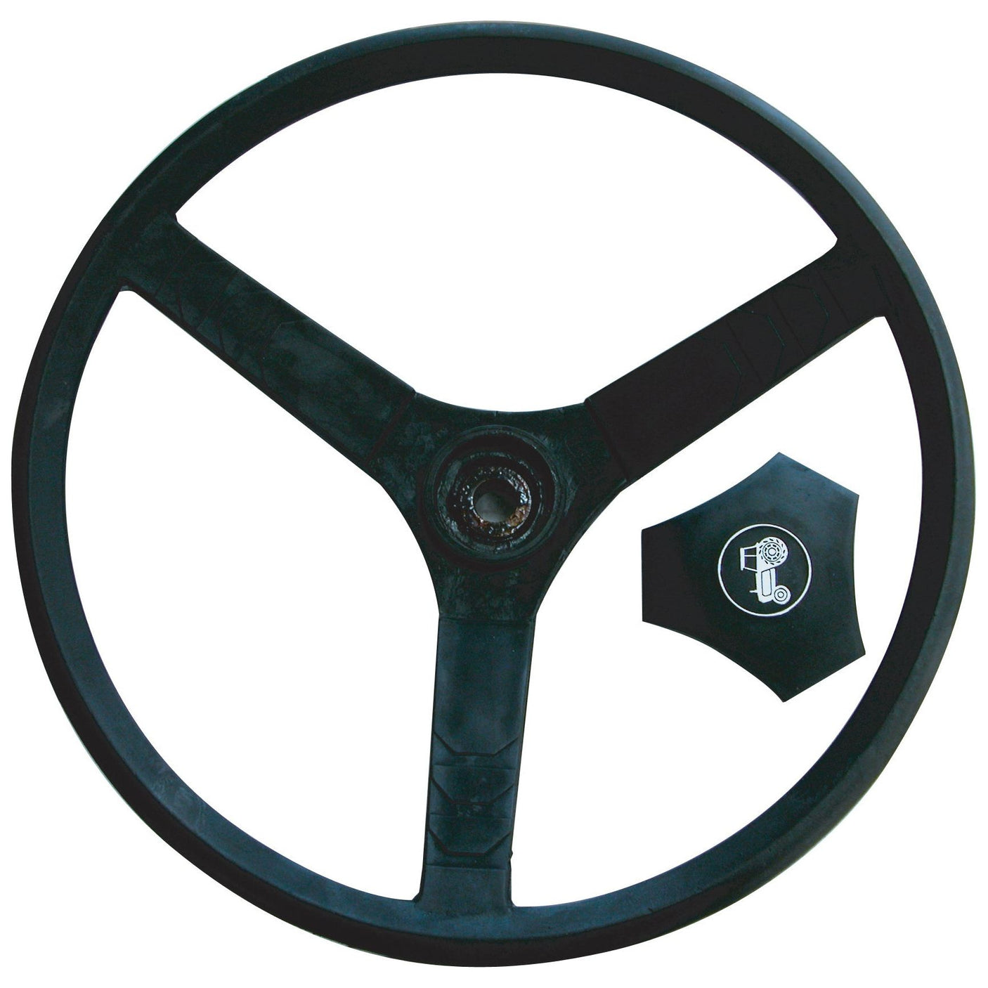 A black Sparex Steering Wheel 405mm, Splined (Sparex Part No. S.60478), featuring three spokes and a central hub similar to those on John Deere tractors, with a detached logo piece positioned nearby the wheel.