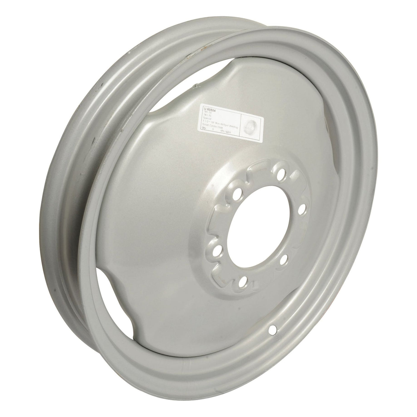 A silver Sparex wheel rim, measuring 3 x 19'', featuring several circular cutouts, bolt holes, and a label with specifications and a barcode. Model number: S.60504.