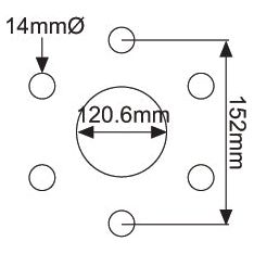 Technical drawing illustrating Sparex Wheel Rim (3 x 19'' - S.60504), featuring a central circle with a diameter of 120.6mm, and smaller surrounding circles typical for bolt holes, each with a diameter of 14mm, spaced 152mm apart.