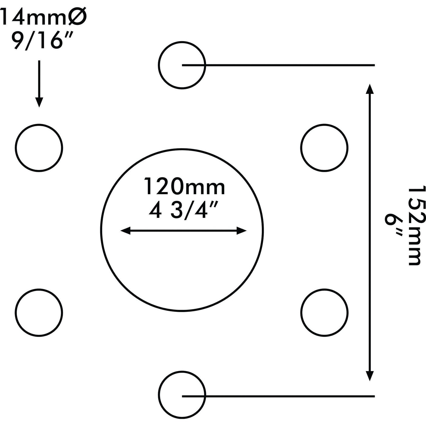 Diagram showing five circles, one large in the center labeled 120mm (4 3/4") and four smaller ones labeled 14mm (9/16"), representing bolt holes. Two arrows indicate a tire size distance of 152mm (6") vertically. This is for the Sparex Wheel Rim, model S.60504 with a rim size of 3 x 19''.