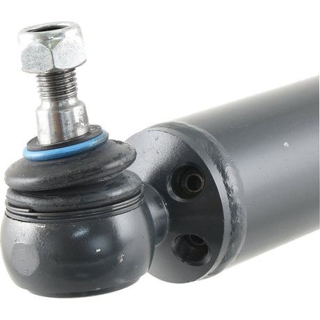 Close-up of a metallic automotive suspension component with a ball joint and threaded bolt. The part, black with a blue ring and showing some welding marks, resembles the robust engineering found in Sparex's Power Steering Cylinder - S.60514 for the MF 550 Tractor’s steering cylinder.