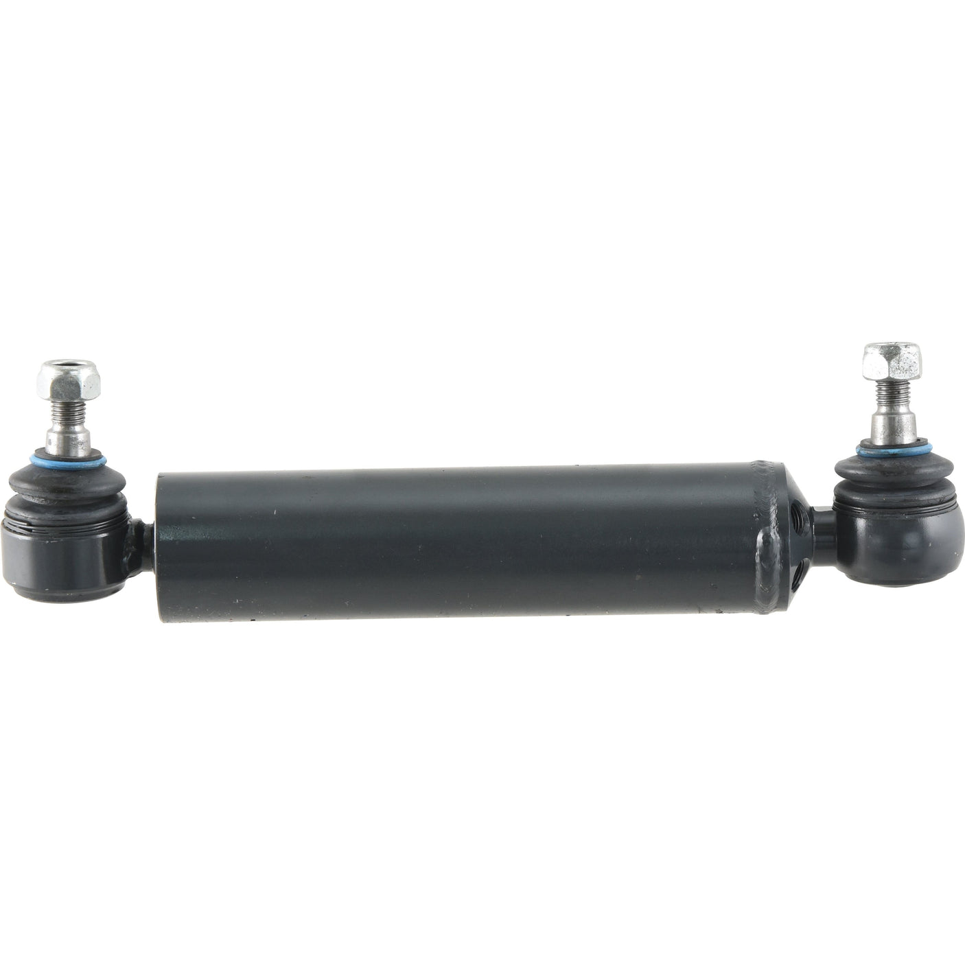 A Sparex Power Steering Cylinder | Sparex Part No.S.60515, a black automotive suspension component featuring threaded bolts and rubber bushings on both ends, designed for the MF550 Tractor, set against a white background.