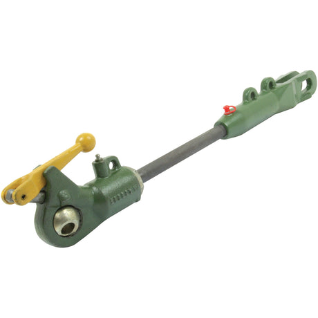 A green and yellow Levelling Box Assembly by Sparex, featuring a long handle and metal joints, commonly used for adjusting John Deere machinery.