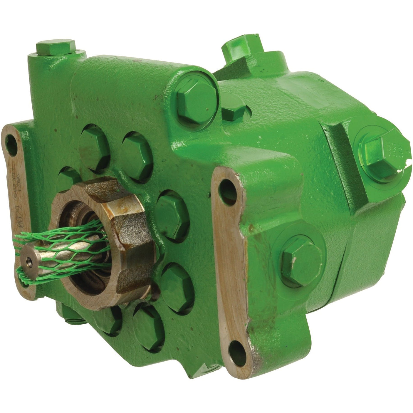 The Sparex Hydraulic Pump (Sparex Part No. S.60551) is a green component that includes multiple bolt holes and a needle bearing, as well as an exposed metal keyed shaft covered by a green mesh protective sleeve.