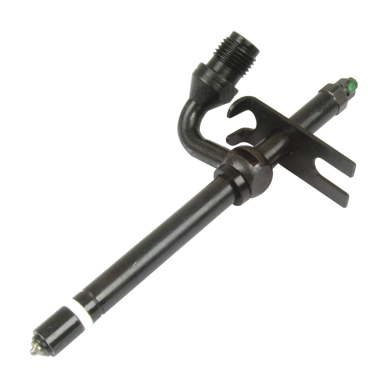 A black fuel injector with attached components, including a fuel inlet and a bracket for securing it in place; compatible with John Deere models, specifically Sparex part number S.60556.