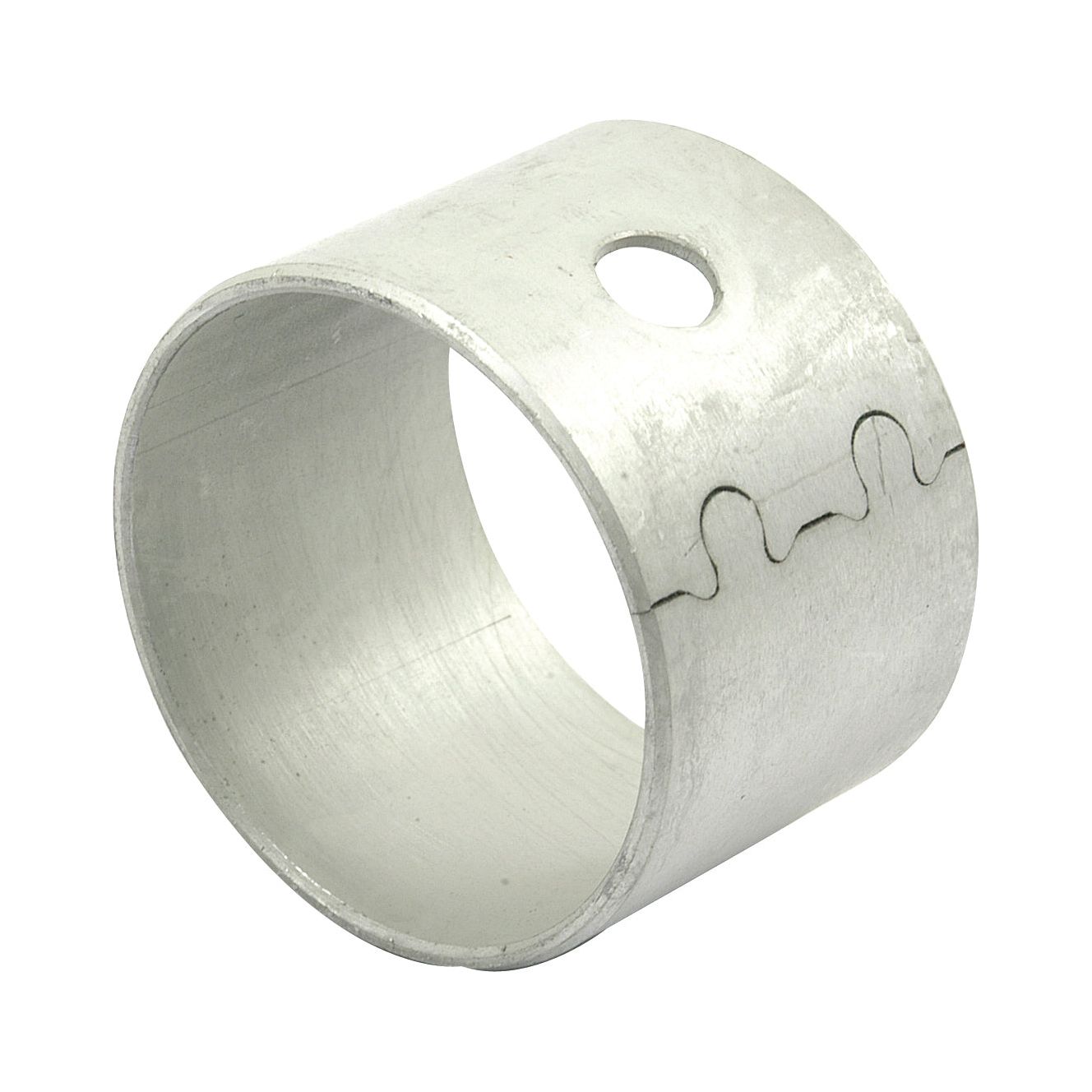 A silver cylindrical metal part with a hole and a wavy edge pattern, typically used as the Balancer Shaft Bush in Engine Model A, known as the Balancer Shaft Bush - S.60558 by Sparex.