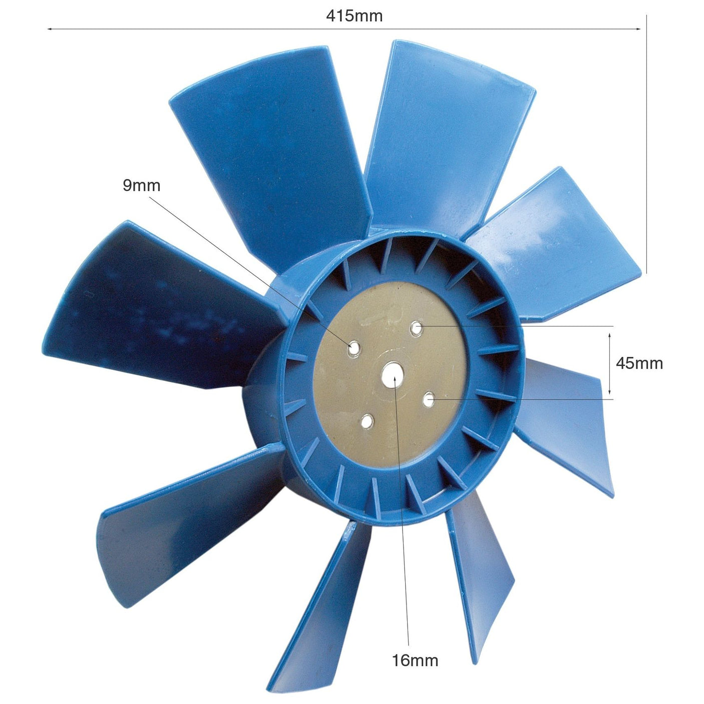 Introducing the Sparex Fan Blade (Sparex Part No. S.60579), a blue, seven-blade fan specifically designed for Ford New Holland tractors. This fan has a diameter of 415mm and features a center hub that is 45mm thick, with a 16mm mounting hole and 9mm air holes to ensure optimal performance.