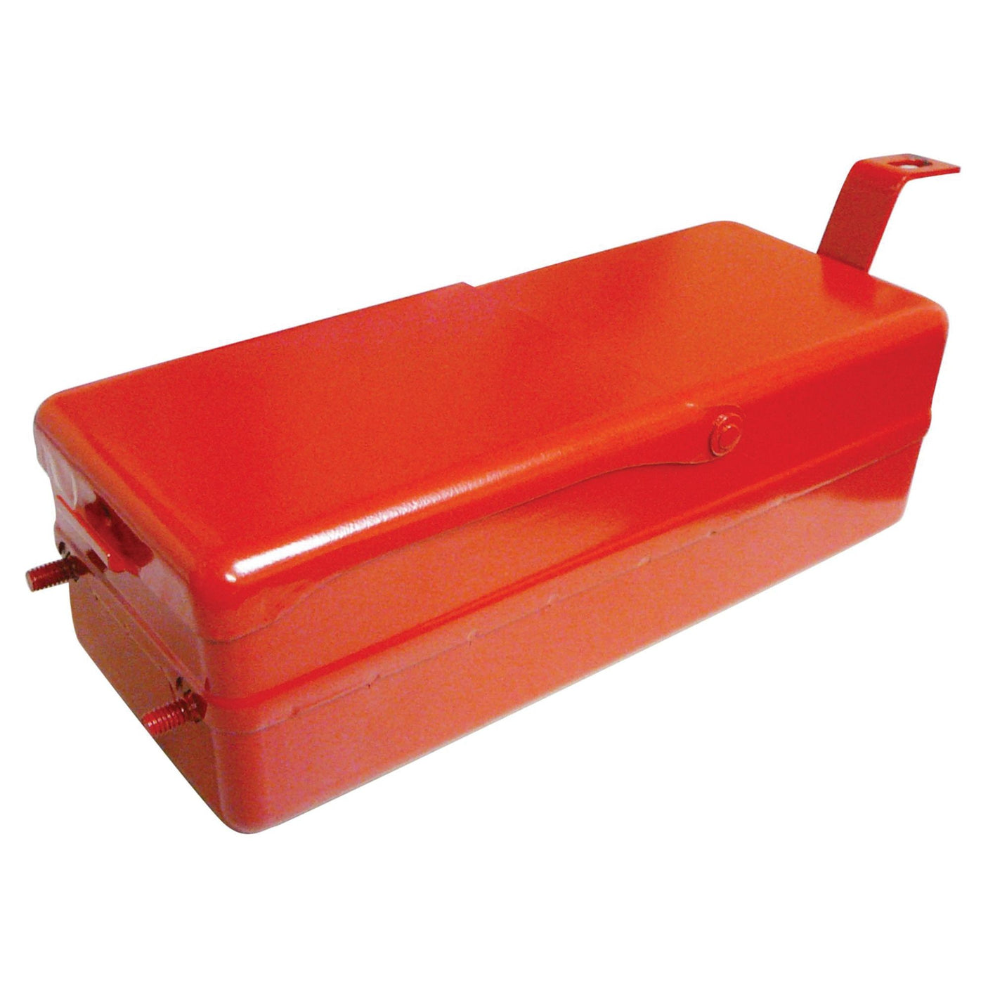 The Sparex Tool Box, Part No. S.60587, is a metallic red rectangular toolbox featuring a hinged lid and an attached bracket on one side, ideal for Ford/New Holland equipment.