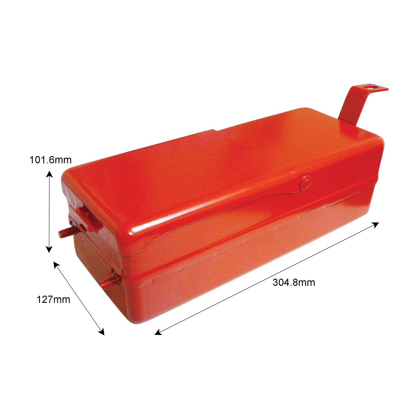 Rectangular red tank with dimensions marked: 101.6mm height, 127mm width, and 304.8mm length. Two nozzles on one end and a tab with hole on top, ideal for use as the Sparex Tool Box (Part No.S.60587) compatible with Ford / New Holland models.