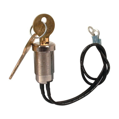 The Ignition Switch | Sparex Part No.S.60617 from Sparex is a metal ignition switch with two attached black wires, equipped with a key inserted in the lock and an additional key hanging on the same ring. This versatile ignition switch is perfect for Ford New Holland and Allis Chalmers machinery.