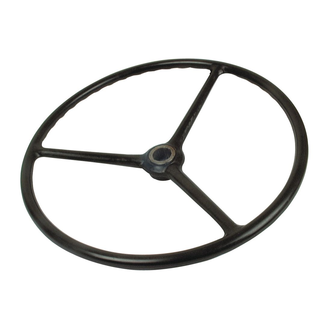 The Sparex Steering Wheel, Splined (Part No. S.60636) is a black steering wheel featuring three spokes and a circular central hub, designed with a fine spline for compatibility with Ford/New Holland models.