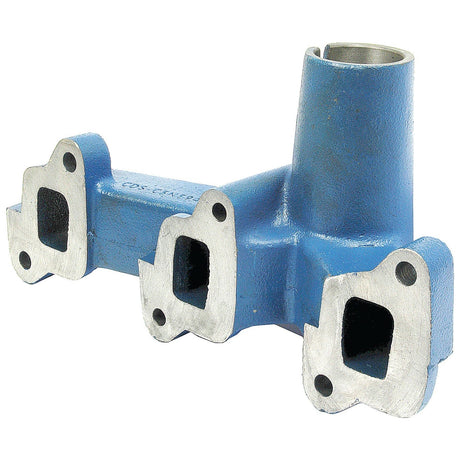 The Sparex Exhaust Manifold (3 Cyl.), part number S.60646, is a blue-painted metal component designed for a Ford New Holland. It features three rectangular ports alongside one cylindrical port, making it ideal for a 3 cylinder engine.