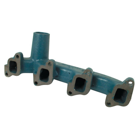 The Sparex Exhaust Manifold (4 Cyl.), Part No. S.60647, is a metallic, blue-colored component expertly designed for Ford New Holland machinery. This manifold features multiple ports and a single vertical pipe extending upward, making it an ideal fit for the engine.