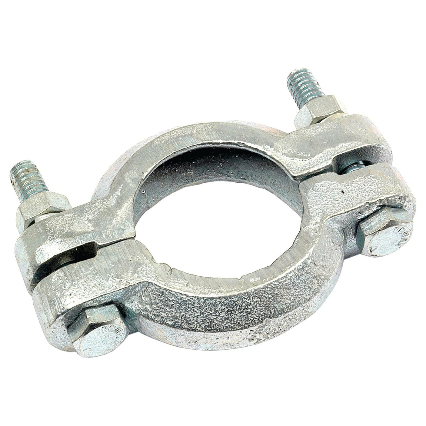 A Sparex Silencer Clamp (Ø: 43-60mm; Part No. S.60654) with two bolts and nuts for securing pipes, suitable for Ford New Holland and Massey Ferguson.