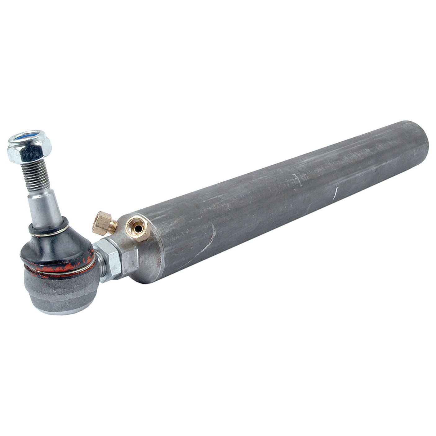 The Power Steering Cylinder - S.60656 by Sparex is a metal component featuring a cylindrical shaft, ball joint, and several connected bolts, designed for use in tractor steering mechanisms.